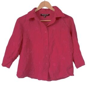 Briggs New York linen blend embroidered floral button front cropped Blouse 12P